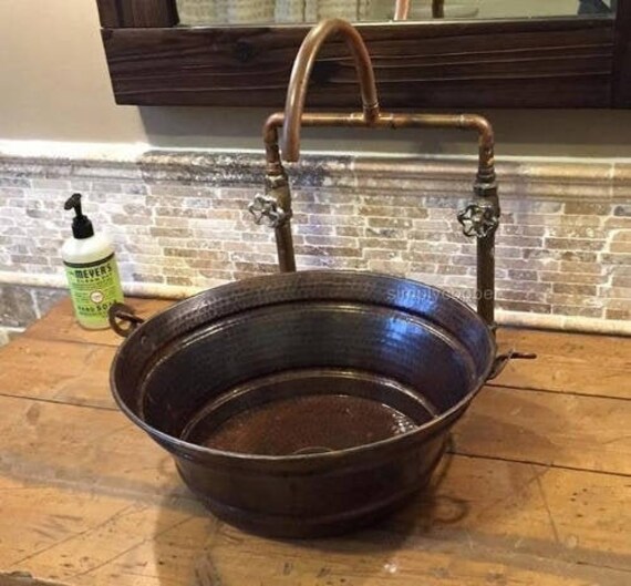 Aged Copper Finish Sink Round Copper Bucket Vessel Bathroom Snk 15 Wth GREEN Patna Wth 15 Inch Copper Bucket Sink With Faucet