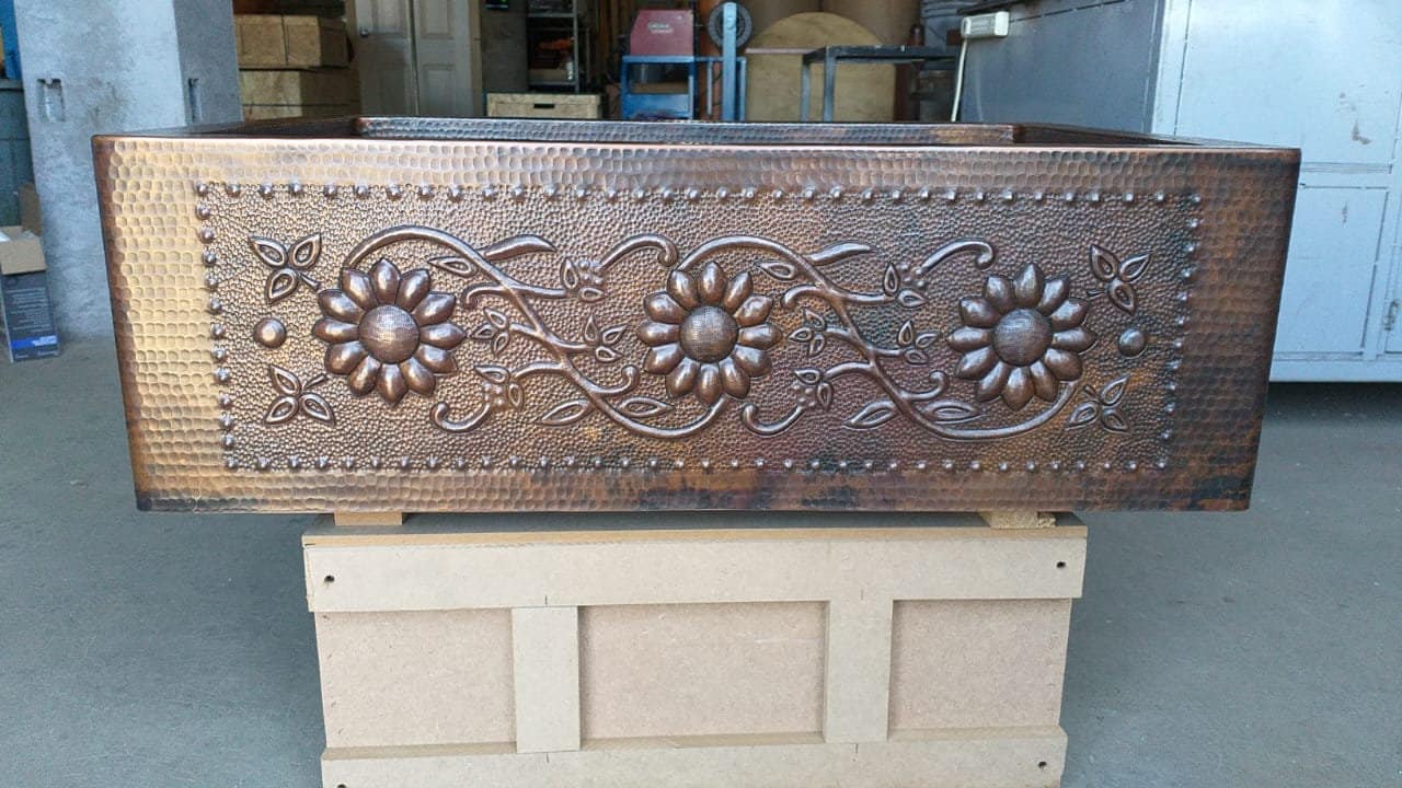 Gorgeous Hand Hammered Copper Farmhouse Kitchen Sink with SUNFLOWERS Design in Rio Grande Patina -- Multiple Sizes Available