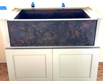 33" Ducks in Flight Copper Farmhouse Kitchen Sink with Accessories Grid Basket Ledge -- Variable Bowl Configurations