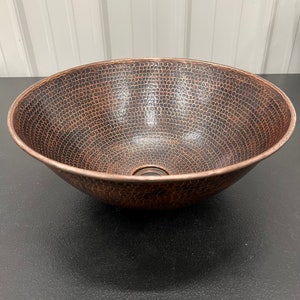Round Copper Vessel Sink 14 Hand Hammered in Rich Sedona Highlighting with 13 ORB Faucet and Drain image 2