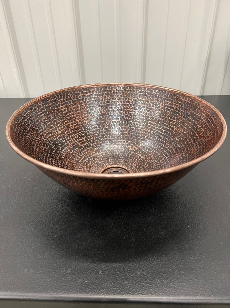 Round Copper Vessel Sink 14 Hand Hammered in Rich Sedona Highlighting with 13 ORB Faucet and Drain image 2