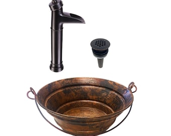 15" Round Copper Bucket Vessel Sink with Oil Rubbed Bronze Faucet and Drain