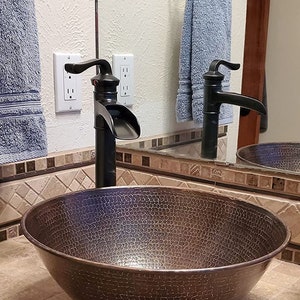 Round Copper Vessel Sink 14 Hand Hammered in Rich Sedona Highlighting with 13 ORB Faucet and Drain image 1