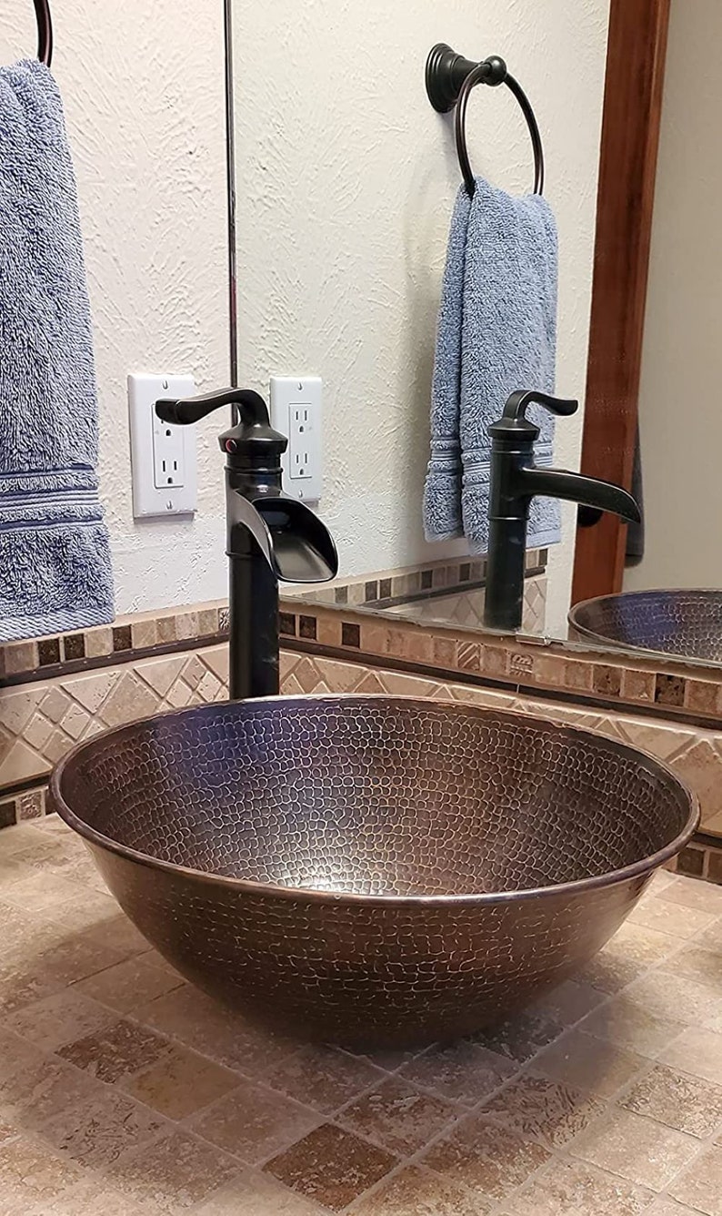 Round Copper Vessel Sink 14 Hand Hammered in Rich Sedona Highlighting with 13 ORB Faucet and Drain image 1
