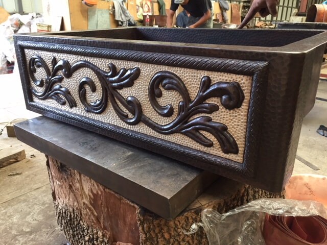 33" Hand Hammered One Well Copper Farmhouse Sink with Vine Design with Silver Detailing on Apron