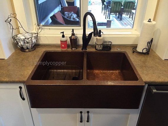 33 Hand Hammered Two Well Copper Farmhouse Sink 50 50 Etsy