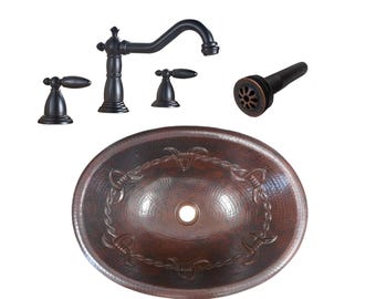 Oval Copper Bathroom Sink with Barbed Wire Design, Two Handled Faucet and Drain Choice; Bathroom Vanity Set