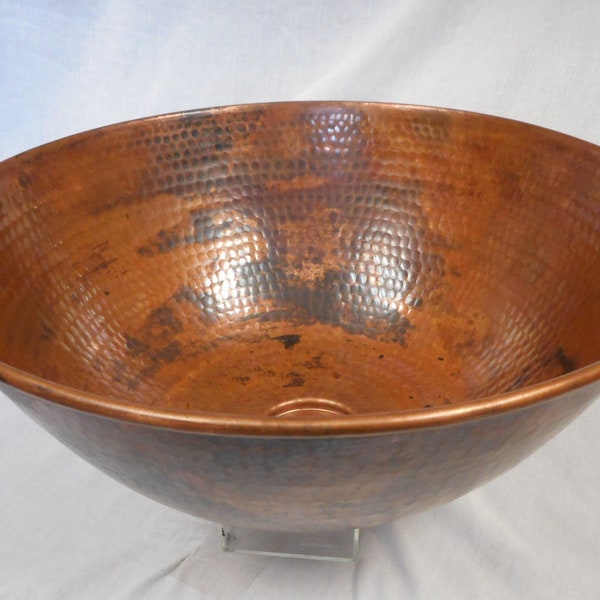 Round Hand Hammered Rustic Copper Vessel Sink 14" in Natural Fired Patina