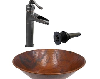 14" Round Copper Vessel Bathroom Sink with 13" ORB Faucet and Drain Choice