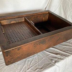 33&quot; Hand Hammered Copper Farmhouse Sink with Accessories Grid Basket Ledge Rio Grande Patina -- Custom Sizes & Configurations Available