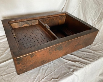 33&quot; Hand Hammered Copper Farmhouse Sink with Accessories Grid Basket Ledge Rio Grande Patina -- Custom Sizes & Configurations Available