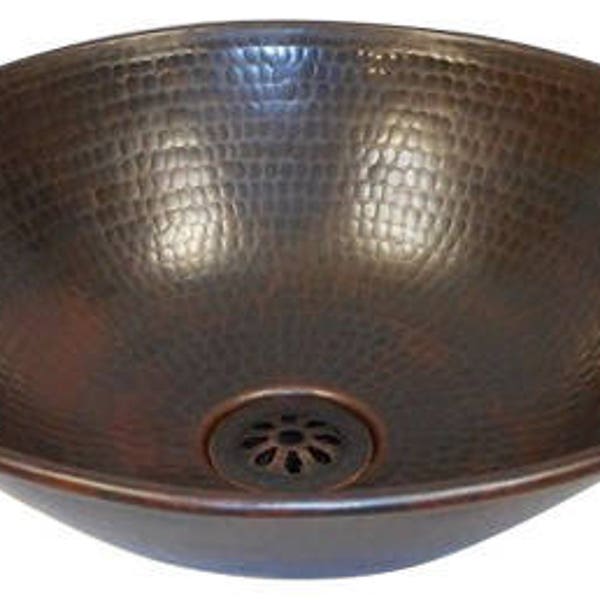 14" Round Hand Hammered Copper Vessel Sink -- Drain Included