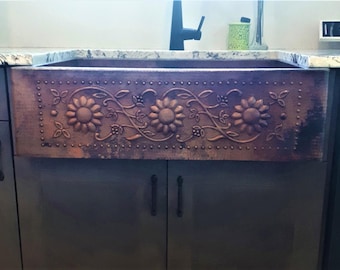 33" Natural Patina Copper Farmhouse Kitchen Sink One Well with SUNFLOWERS Design