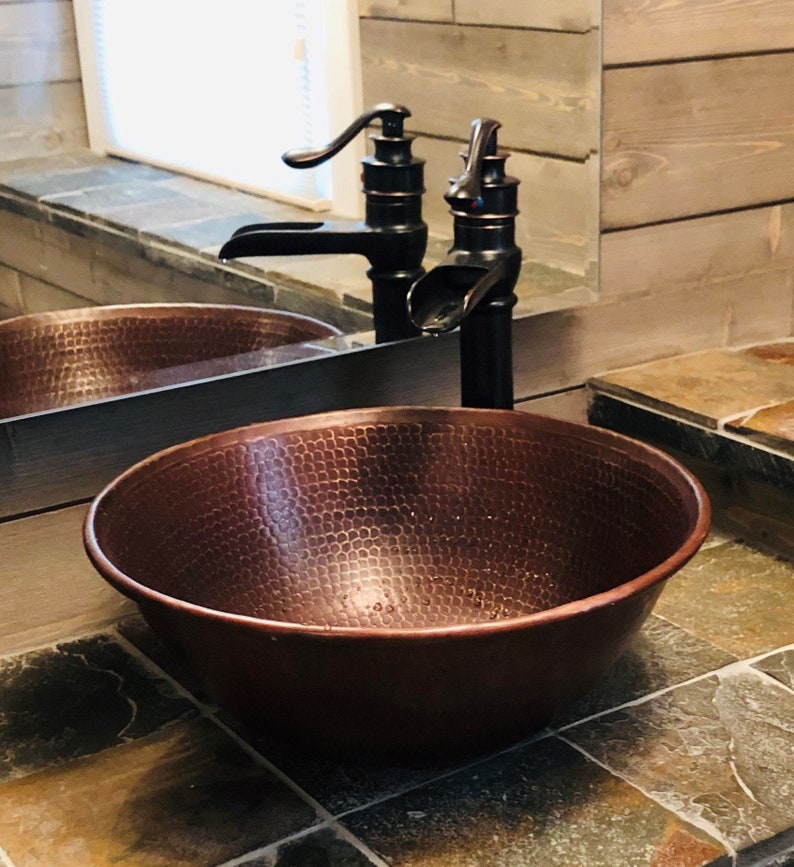 Round Copper Vessel Sink 14 Hand Hammered in Rich Sedona Highlighting with 13 ORB Faucet and Drain image 8