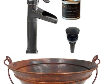 15" Natural Copper Vessel Bucket Bathroom Sink, 13" Pump Faucet & Wax Included