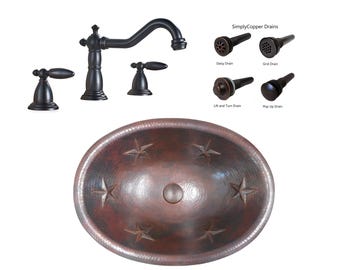 Oval Copper Bathroom Sink with Star Design with Two Handled Faucet and Drain Choice