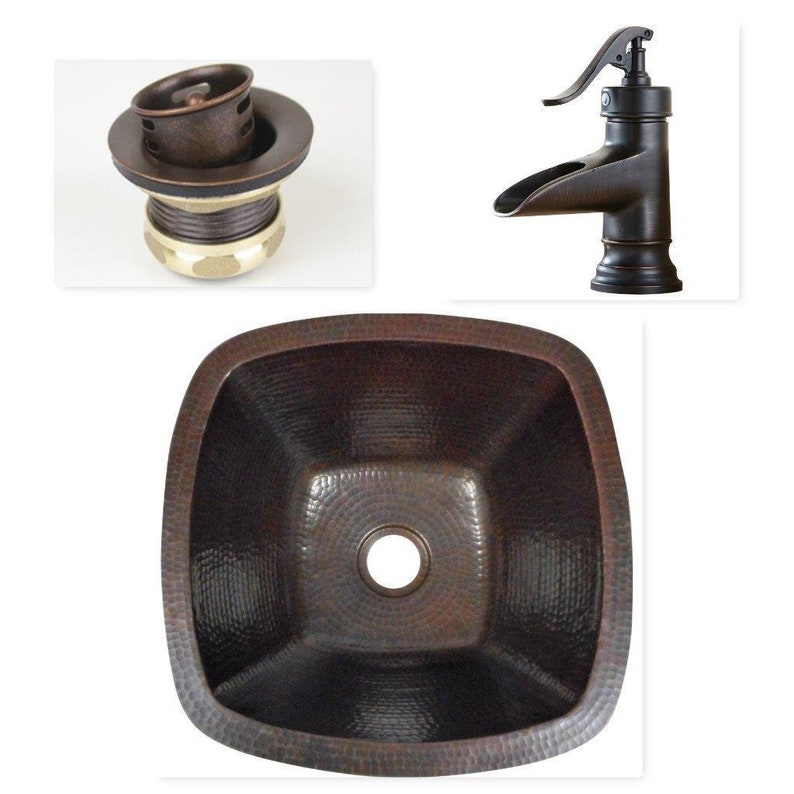 15 Square Hand Hammered Copper Bar Prep Vegetable Sink With Drain And 7 Oil Rubbed Bronze Faucet