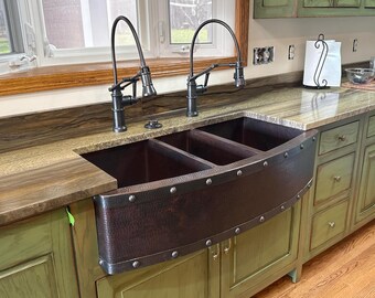 42" Triple Well Copper Rounded Front Farmhouse Kitchen Sink; Straps & Rivets Apron Design