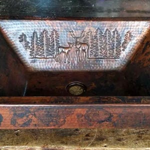 21" Copper Vessel Sink  with Skirt– Rectangular, Woodland Deer Design