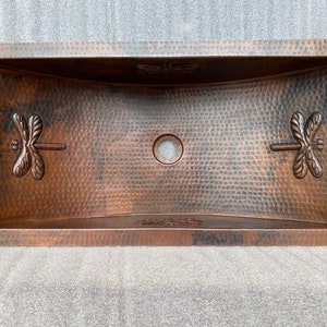 Hand Hammered COPPER Trough Bathroom Vanity Sink with DragonFly, Star, or Fleur De Lis Design -- Drain Included