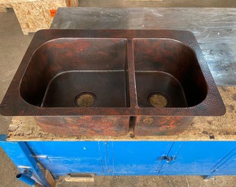 33" Copper Hand Hammered Double Well Kitchen Sink with Custom Curved Walls - Bowl Configurations Available