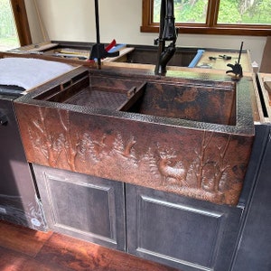 33&quot; Copper Farmhouse Workstation Sink with Accessories Grid Basket Ledge with Woodland Apron  -- Variable Bowl Configurations Available