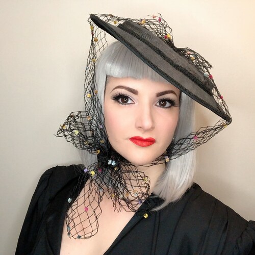 My Fair Baby Hat fascinator Black Sinamay Vintage Netting Bow Special Occasion Wedding shops Holiday