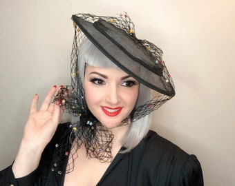 My Fair Baby Hat fascinator Black Sinamay Vintage Netting Bow Special Occasion Wedding Holiday