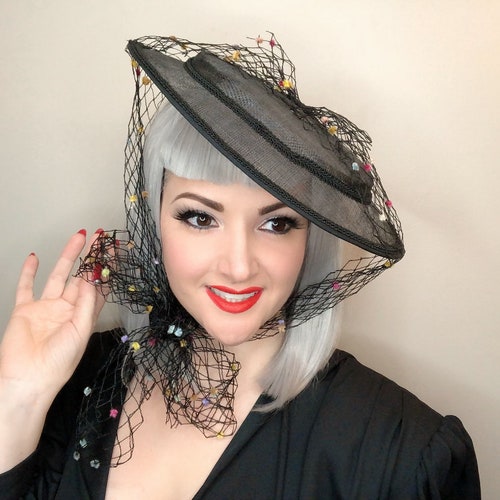 My Fair Baby Hat fascinator Black Sinamay Vintage Netting Bow Special Occasion Wedding shops Holiday