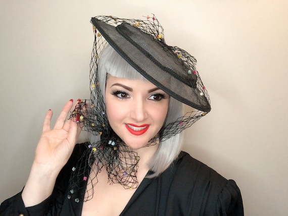 My Fair Baby Hat Fascinator Black Sinamay Vintage Netting  display picture 1