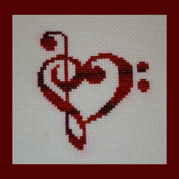 Treble and Bass Clef Heart Cross Stitch Pattern, Valentines Music Pattern, Musical Heart Cross Stitch Design