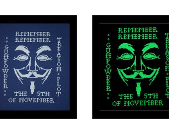 Guy Fawkes Mask Cross Stitch Pattern, Bonfire Night Embroidery Chart, Remember Remember the 5th of November Instant Download
