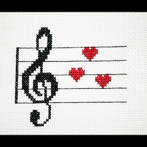 Clé de sol musique amour PDF Cross Stitch Pattern, musique coeur Saint-Valentin broderie graphique, téléchargement immédiat