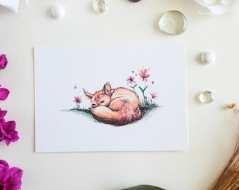 Fox and Flowers Art Print: Woodland Animal Illustration
