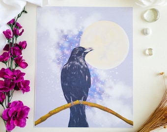 Raven Crow Black Bird Illustration, Full Moon, Halloween Bird Art Print, Bird Lover Gift, Halloween Decor, Spooky Decor, Galaxy Moon, Gothic
