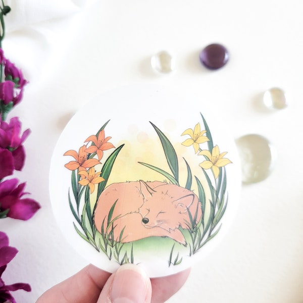 Cute Holographic Fox Sticker, Sleeping Fox With Lily Sticker for Phone Case, Laptop or Notebook, Floral Spring Planner Sticker, 3 inch round