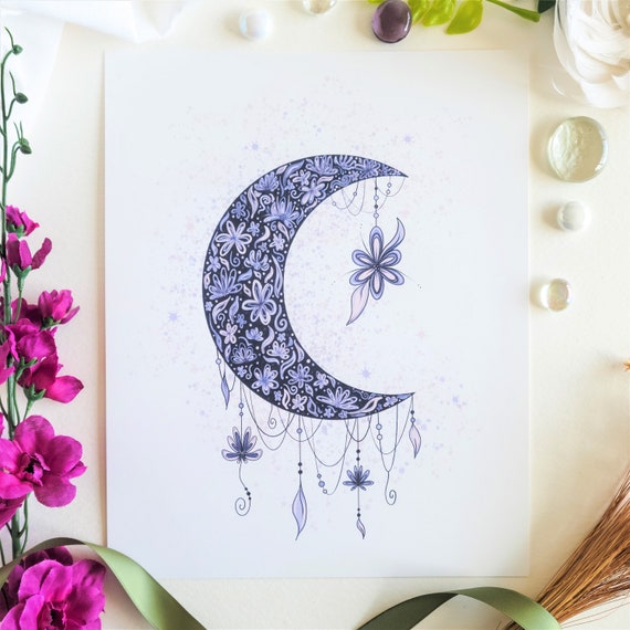 Crescent Moon With Flowers Art Print, Celestial Line Drawing, Witchy Moon  Illustration, Floral Lunar Decor, Abstract Night Sky Wall Art, 