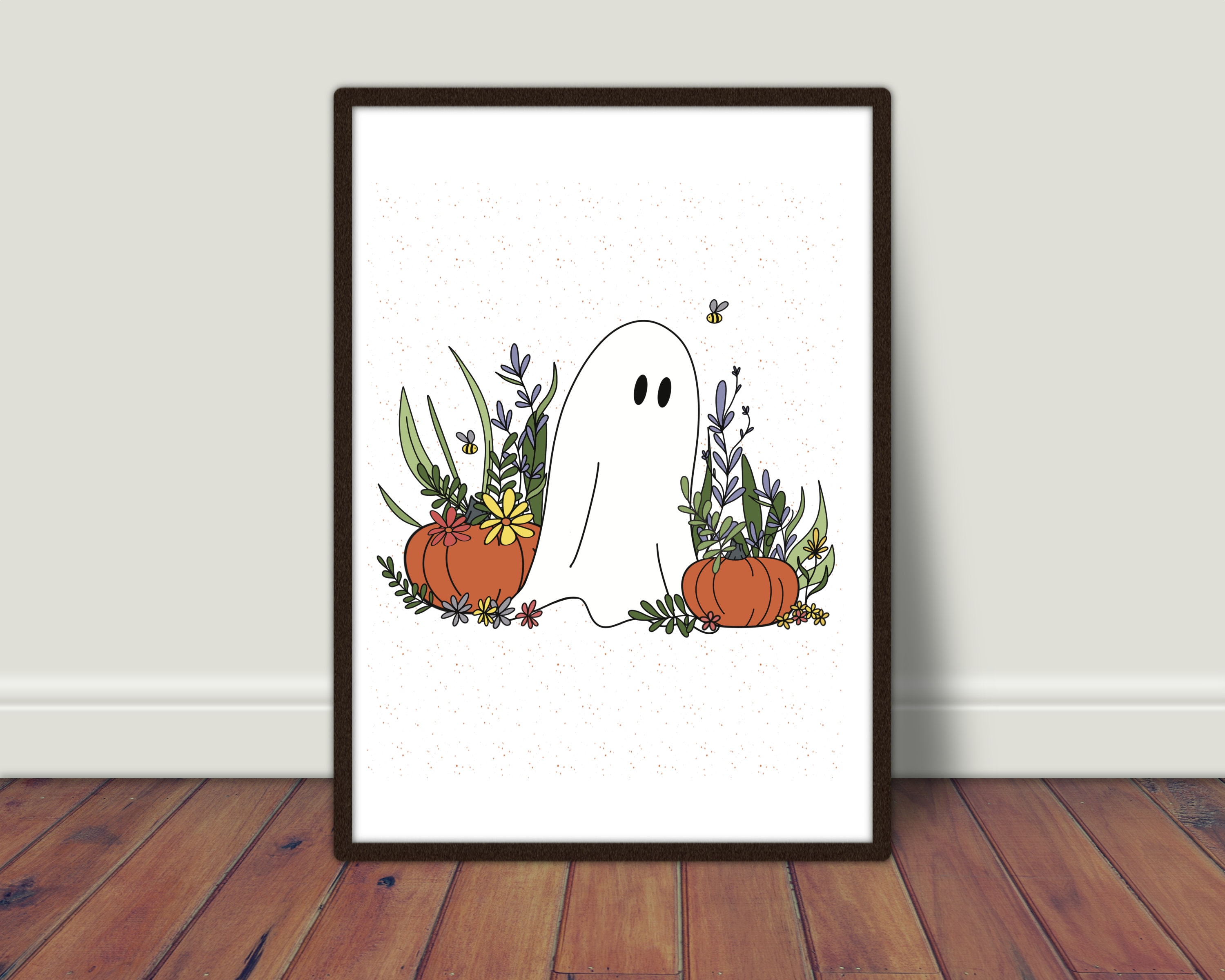 Floral Ghost & Pumpkins Art Print, Spooky Cute Halloween Wall Decor ...
