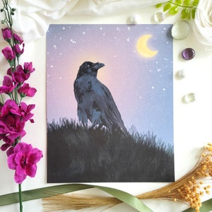 Gothic Raven with Crescent Moon Illustration, Witchy Cottagecore Wall Decor, Dark Moody Crow Wall Art, Halloween Art Print, Black Bird Art