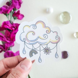 Cute Summer Rainbow Cloud Laptop Sticker, Dreamy Raindrop Boho Sticker, Girly Celestial Planner Sticker, Happy Journal Sticker, Friend Gift