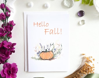 Hello Fall Pumpkin Greeting Card: Whimsical Floral Illustration