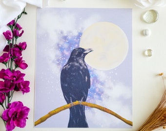 Galaxy Crow Art Print: Witchy Gothic Raven Illustration