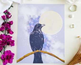 Galaxy Crow Moon Art Print, Witchy Black Bird Illustration, Halloween Raven, Gothic Wildlife Wall Art, Dark Cottagecore, Celestial Aesthetic