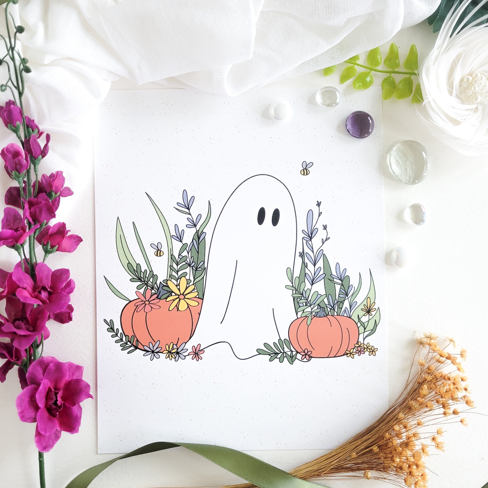 Floral Ghost & Pumpkins Art Print, Spooky Cute Halloween Wall Decor ...