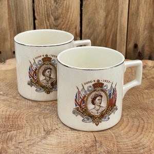 Vintage Pair Children’s mugs commemorating the Coronation of Queen Elizabeth in 1953