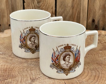 Vintage Pair Children’s mugs commemorating the Coronation of Queen Elizabeth in 1953