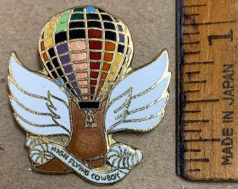 1990's Pin Hot Air Balloon vintage enamel High Flying Cowboy hat lapel retro brass enamel 1X1 western boot wings 1 inch white multi color