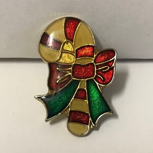 1980&#39;s Candy Cane Pin Christmas Enamel vintage hat lapel retro gift shop 1980s Holiday red green bow metal jolly merry festive bright sheen