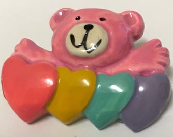 1980s Bear Hugging Hearts PIN vintage hat lapel retro old gift shop whimsical colorful girly girl 80's spreading love plastic brooch rainbow