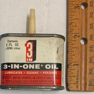 3 In One Oil Can Handy Oiler 1 fl oz EMPTY Tin Vintage USA small Mini Oil Can USA Boyle Midway Inc red white black household lubricant ad